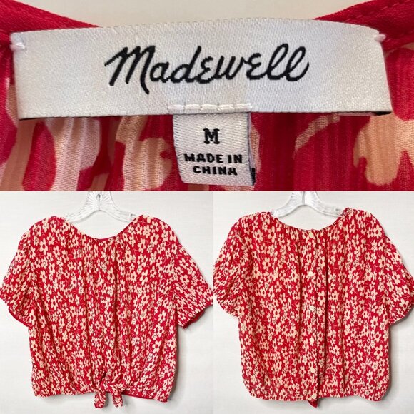 Madewell Crinkled Button-Back Tie Tee in Full Bloom Womens Size Medium Red Cream - Picture 8 of 8